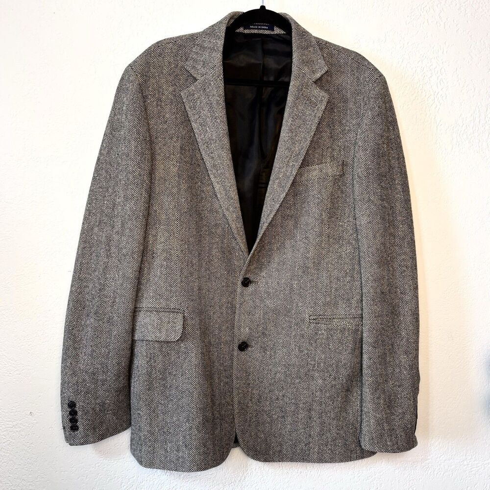 Lands’ End 100% Wool Blazer Mens 42L Brown Herringbone Sport Coat Lined 2 Button